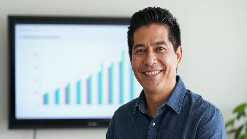 Hombre sonriente observa gráficos con optimismo