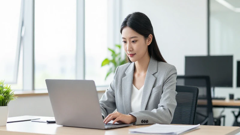 Mujer joven trabaja en oficina moderna