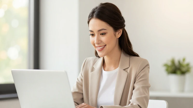 Mujer sonriente con laptop, fondo difuminado