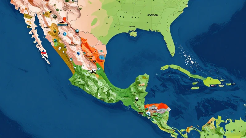 Mapa aéreo mexicano con colores vibrantes.