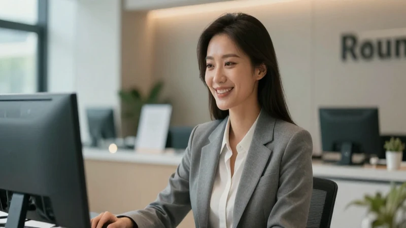 Mujer sonriente en un moderno banco iluminado