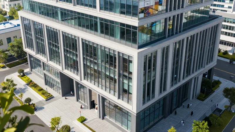 Edificio moderno, negocios exitosos, día soleado