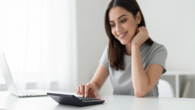 Mujer sonriendo, calculadora, luz natural suave