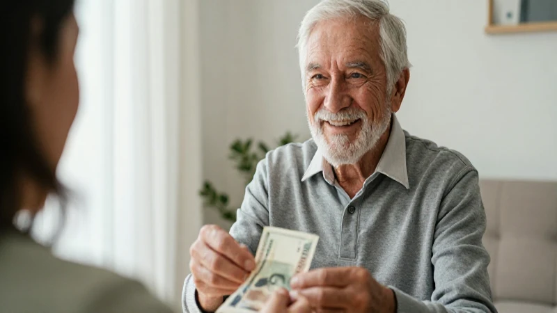Adulto mayor recibe dinero con luz natural.