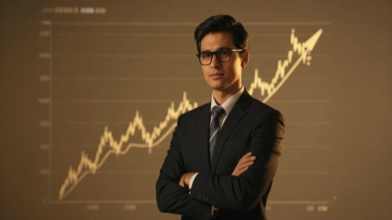 Joven profesional frente a un gráfico financiero