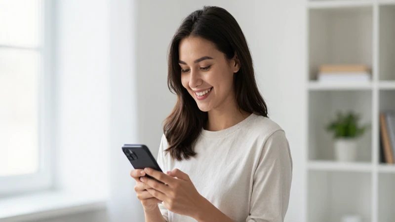 Mujer sonriendo, revisando el móvil, luz natural.La liberación del crédito de Puntos Fovissste: Cómo saber si ya se liberó mi crédito