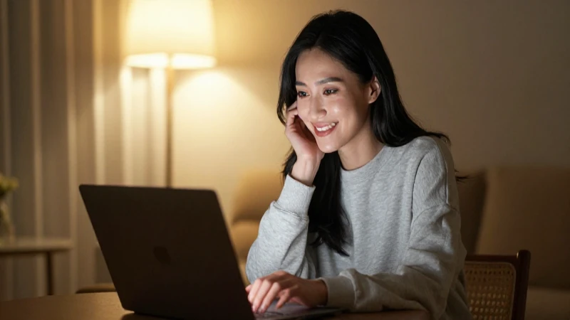 Mujer sonriendo con laptop en hogar cálido