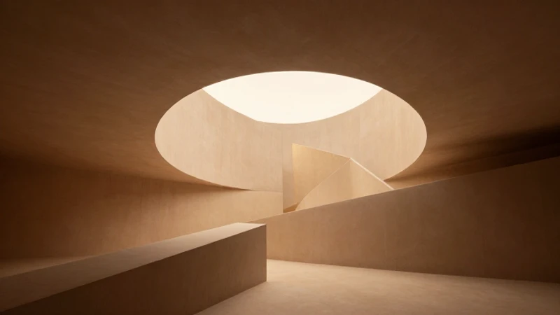 Formas geométricas, luces cálidas y arquitectura abstracta.