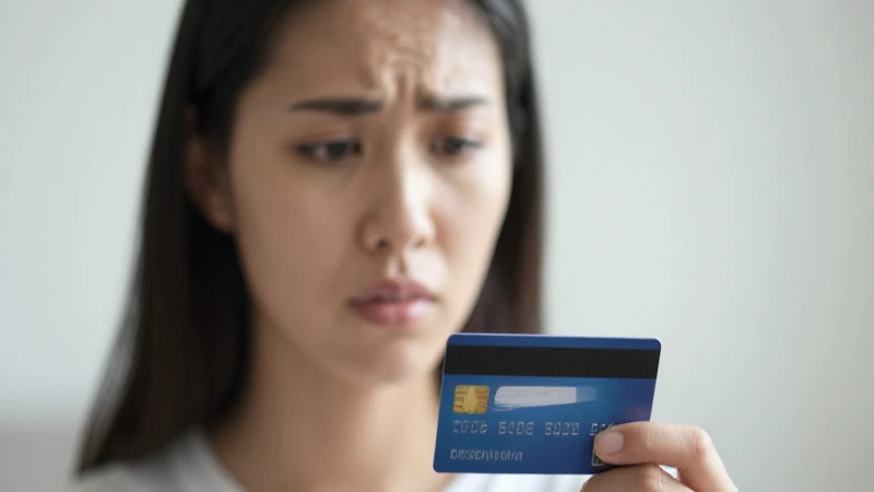 Mujer preocupada con tarjeta de crédito.