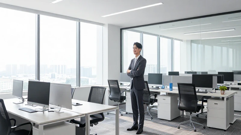 Hombre de negocios en oficina moderna y luminosa.