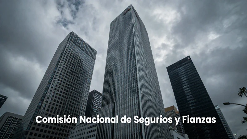 Edificio financiero con iluminación dramática.