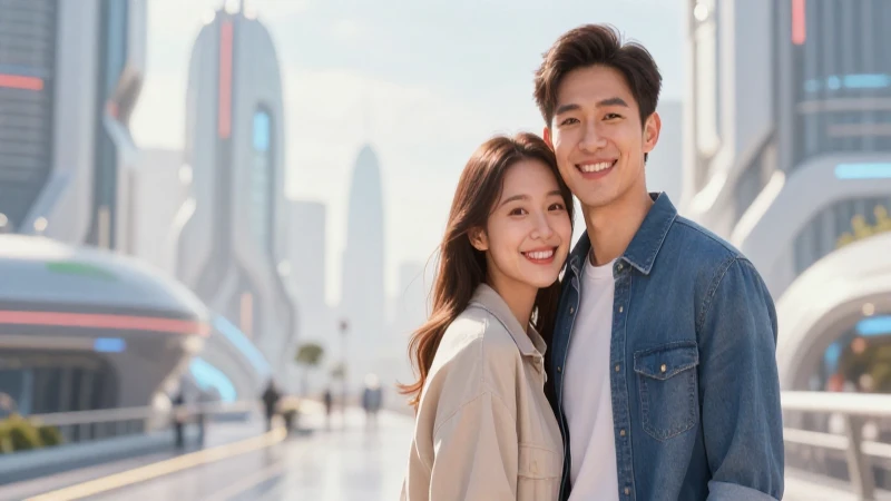Joven pareja feliz en ciudad futurista.