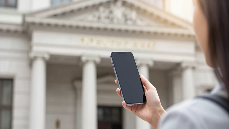 Mujer con móvil, banco de fondo