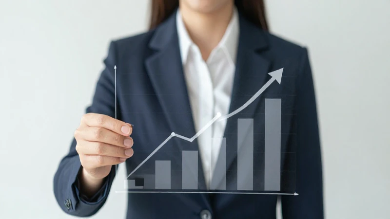 Mujer en traje con gráfico financiero profesional.