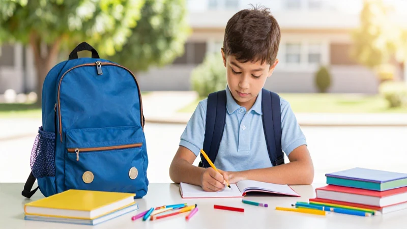 Niños, útiles, escuela y préstamos informados.