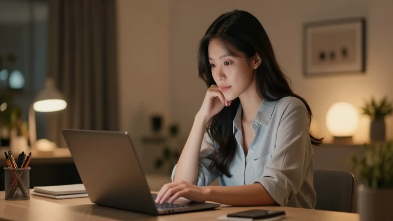 Mujer joven, laptop, oficina moderna y suave iluminación.