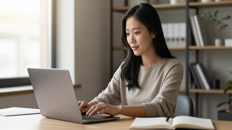 Mujer trabaja en laptop, oficina acogedora