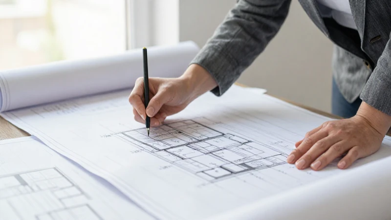 Arquitecta revisa planos con luz suave