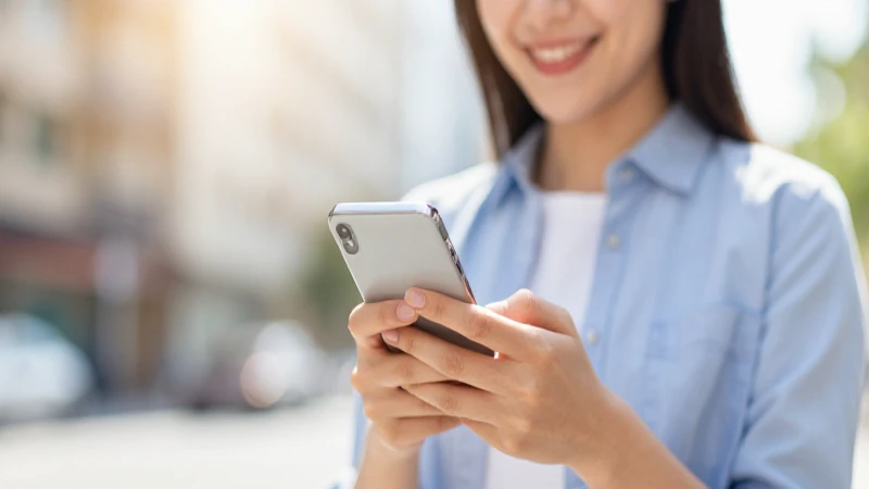 Persona sonríe sosteniendo un teléfono inteligente