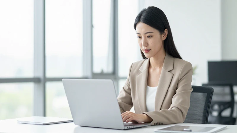 Mujer trabajando en laptop en oficina.