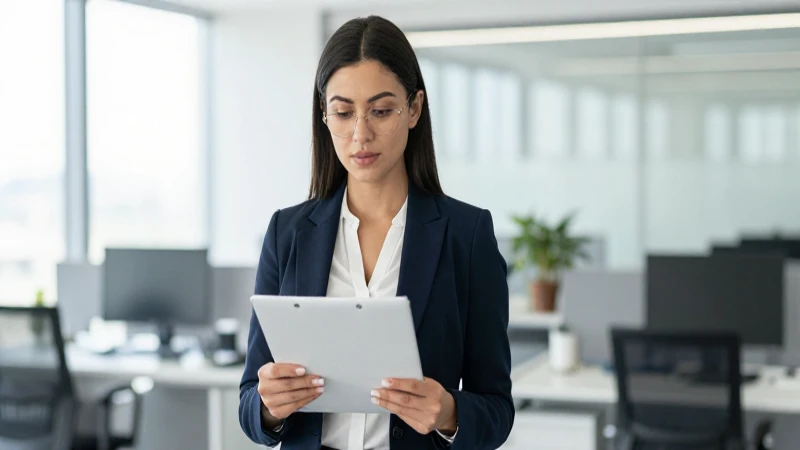 Mujer joven en oficina moderna y luminosa.