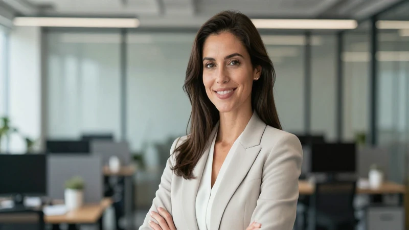 Mujer sonriente en moderno entorno laboral