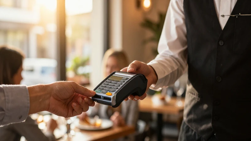 Pago con tarjeta en restaurante, luz cálida