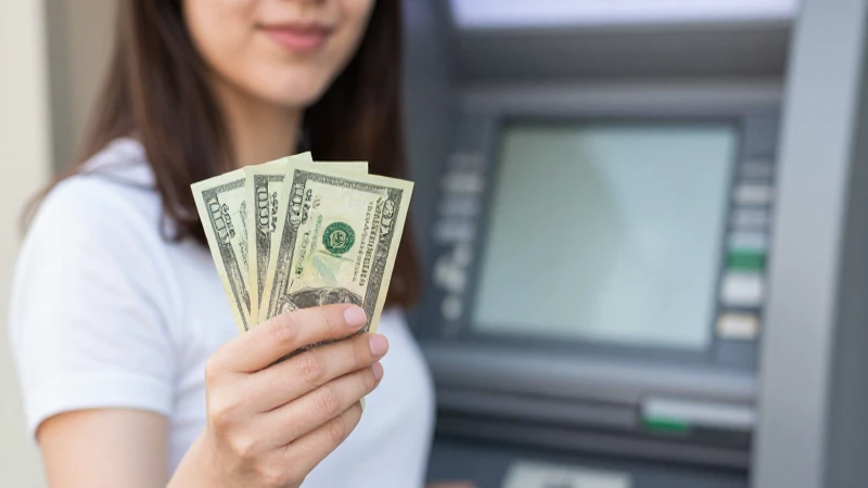 Mujer sostiene dinero, cajero en fondo
