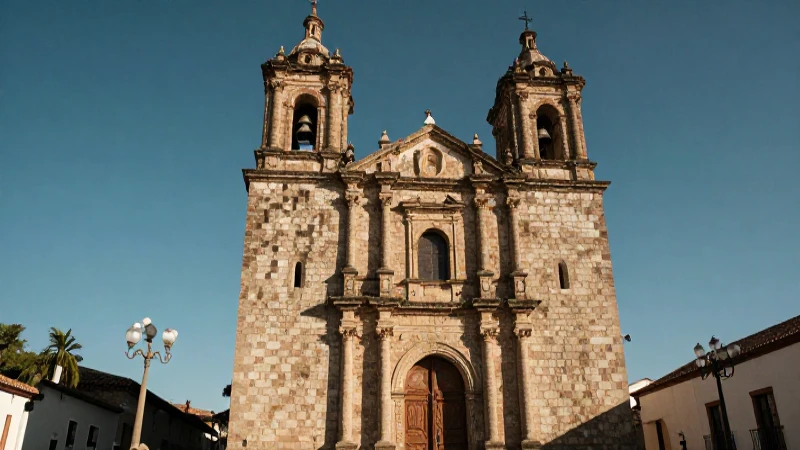 Iglesia de piedra en día soleado y cinematográfico.