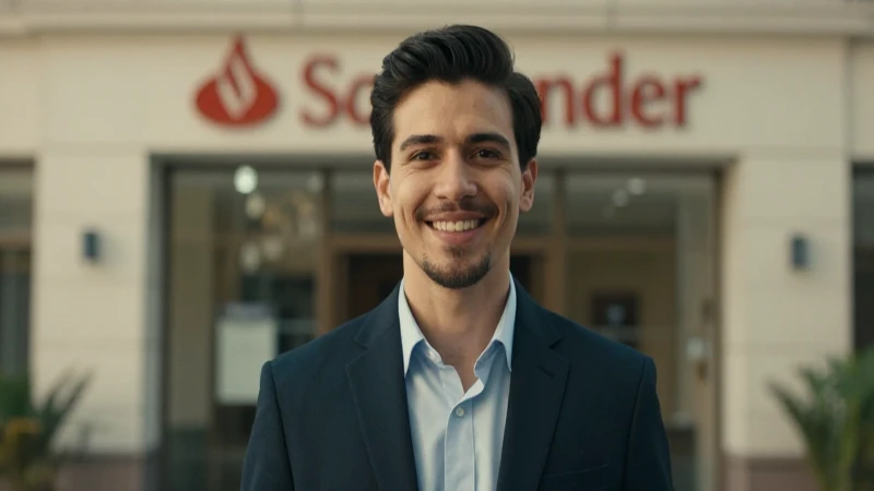 Cómo obtener tu CLABE Interbancaria de Santander en 2026 6 Joven sonríe seguro frente a un banco.