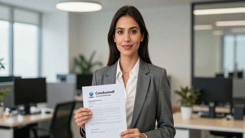 Mujer de negocios, oficina moderna, cumplimiento normativo.