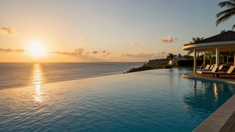 Resort de lujo, piscina infinita, atardecer dorado.