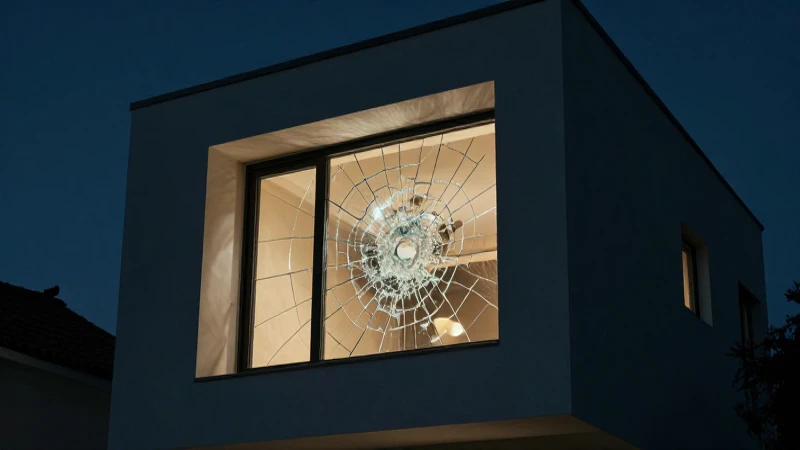 Casa moderna, ventana rota, iluminación dramática.