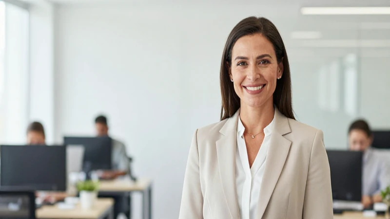 Mujer sonríe en oficina moderna de Mapfre