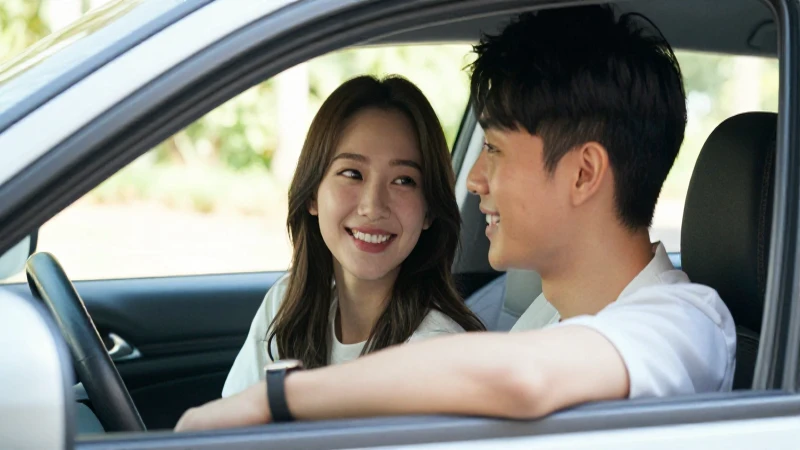 Joven pareja feliz en un coche