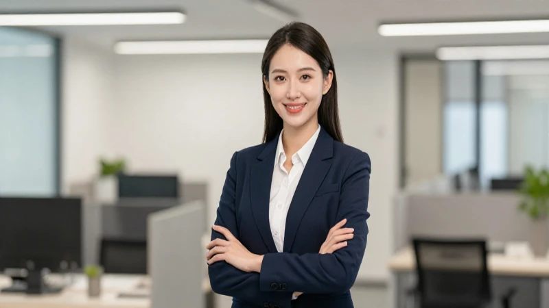 Profesional sonriendo en oficina moderna y luminosa