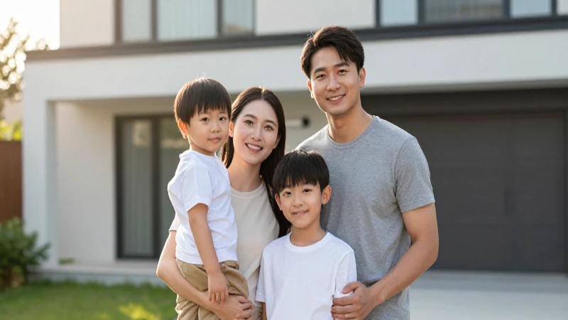 Familia sonriente en casa iluminada cálidamente