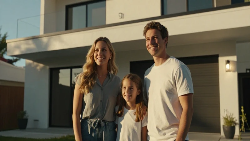 Familia sonriente en casa iluminada cálidamente