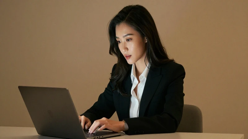 Mujer de traje trabaja con laptop profesionalmente