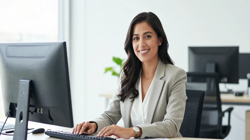 Oficina moderna, mujer sonriendo, buena iluminación