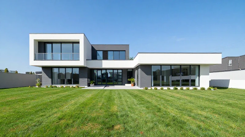 Casa moderna con césped verde y sol