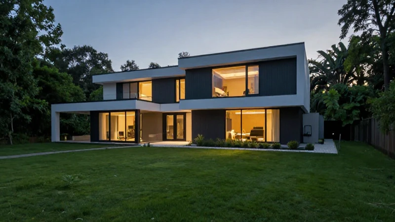 Casa moderna, jardín verde, iluminación cinematográfica