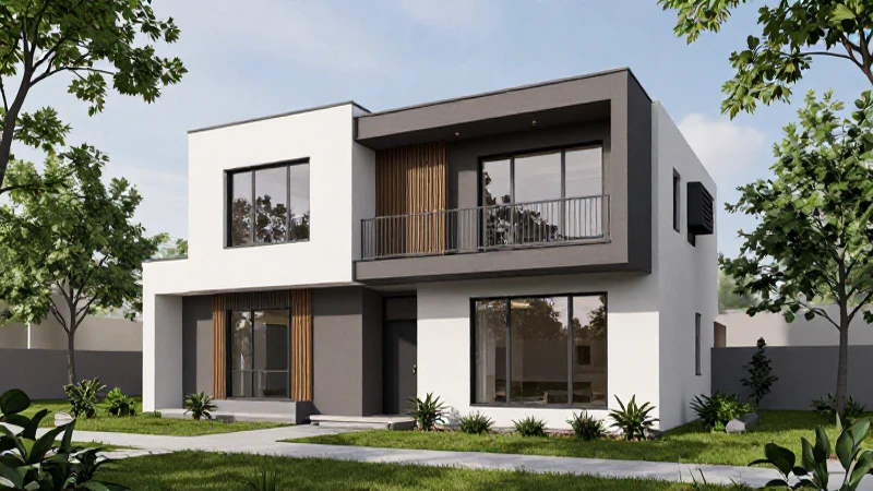 Casa moderna, luz solar, render realista