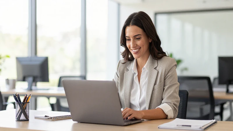 Mujer sonríe con laptop en oficina.