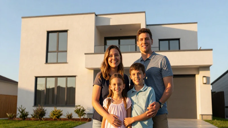 Familia sonriente en casa al atardecer