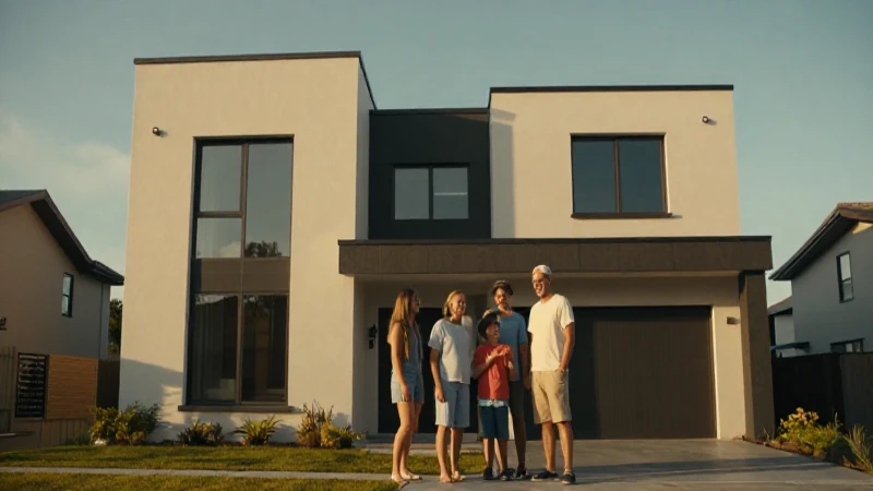 Familia feliz en una casa moderna al atardecer