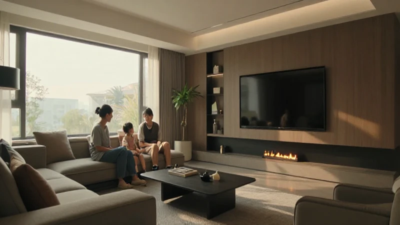 Hogar moderno, familia, luz cálida y cinematográfica