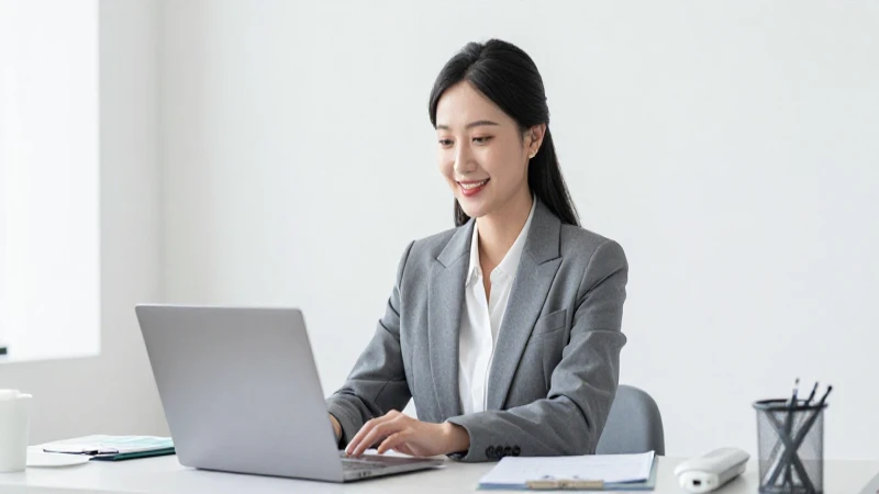 Profesional sonríe, laptop en espacio limpio