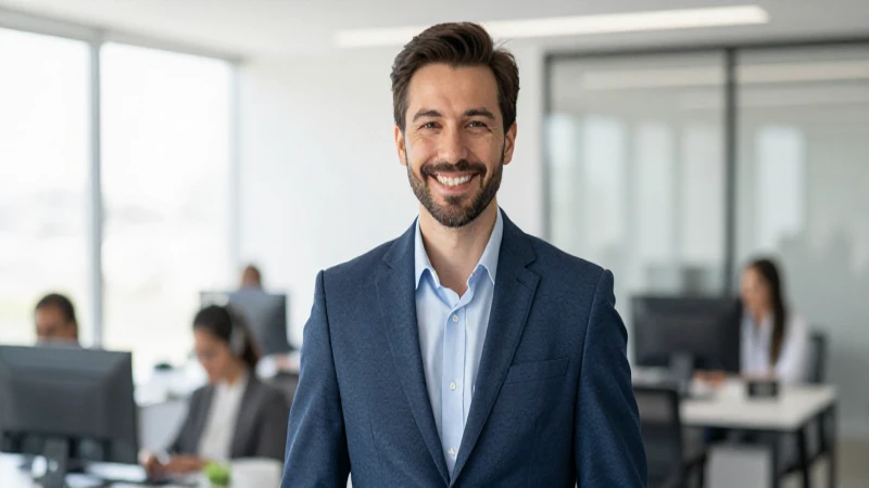 Hombre de negocios sonriendo en oficina moderna.