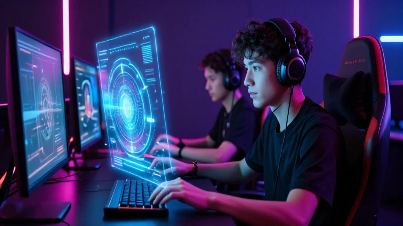 Jugador competitivo, interfaz holográfica, luces neón.
